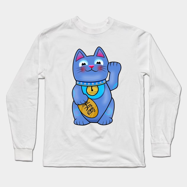 Blue For Career Sucess Maneki Neko Lucky Cat Long Sleeve T-Shirt by Space Truck